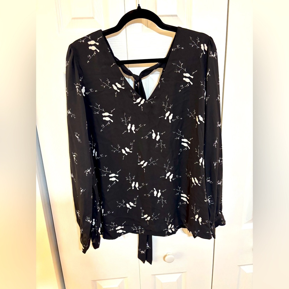 Bird Print Black and White long sleeve blouse from LOFT
